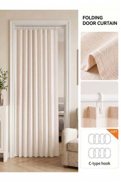 Living and Home 1 Panel Faux Linen Pleated Folding Curtain for Door/Window in Beige - Size: 140 cm width x 229 cm drop - image 1