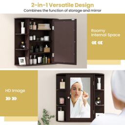 Gymax Mirrored Bathroom Cabinet Wooden Hanging Medicine Cabinet-Brown in Dark Brown - thumbnail 3