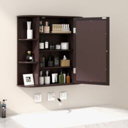 Gymax Mirrored Bathroom Cabinet Wooden Hanging Medicine Cabinet-Brown in Dark Brown - thumbnail 9