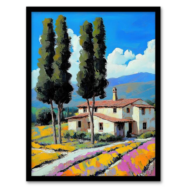 "Artery8 Spanish Countryside House Summer Landscape Travel Framed Art Print in Blue - Size: W12"" x H16""" - image 1