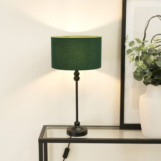 ValueLights Maggie Black Metal Candlestick Slim Table Lamp with Fabric Drum Lamp Shade in Bottle Green - image 1