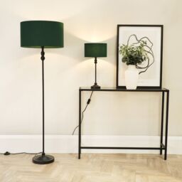 ValueLights Maggie Black Metal Candlestick Slim Table Lamp with Fabric Drum Lamp Shade in Bottle Green - thumbnail 4
