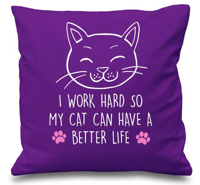 "60 SECOND MAKEOVER Purple Cushion Cover Cat I Work Hard So My Cat Can have A Better Life 16"" x 16"" Mum Friend Gift Decorative - Size: 40 cm x 40 cm"