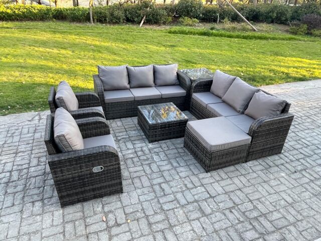 Fimous High Back Rattan Garden Furniture Set with Coffee Table Big Footstool Side Table Indoor Outdoor Patio Lounge Sofa Set Dark Grey Mixed - image 1