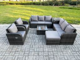 Fimous High Back Rattan Garden Furniture Set with Coffee Table Big Footstool Side Table Indoor Outdoor Patio Lounge Sofa Set Dark Grey Mixed - thumbnail 2