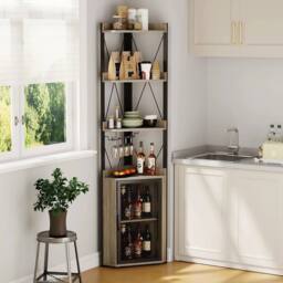 VOGREX Tall Corner Bar Cabinet w/ 5-Tier Shelves Wine Glass Holder in Brown - thumbnail 4