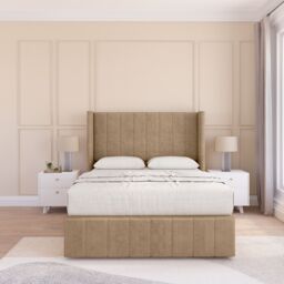 "Sloomy Melbourne Naples Wingback Bed Set, No Drawers & 54"" Floor Standing Headboard in Light Brown - Size: Double" - thumbnail 1