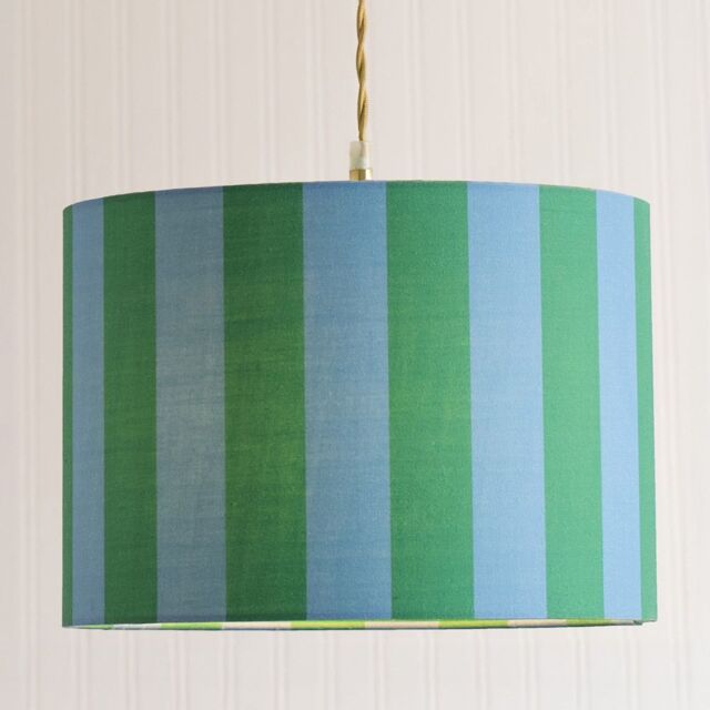 ValueLights Callie Colour Clash Blue & Green Stripe Fabric Drum Lamp Shade - Size: Small - image 1