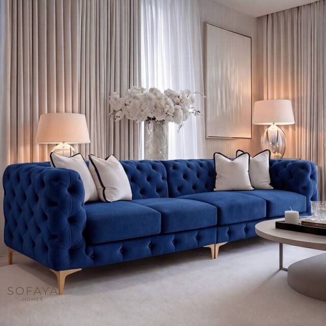 Sofaya Monaco Chesterfield 4 Seater Sofa Couch Velvet Cushions Chaise in Blue - Size: 4 Person - image 1