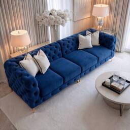 Sofaya Monaco Chesterfield 4 Seater Sofa Couch Velvet Cushions Chaise in Blue - Size: 4 Person - thumbnail 2