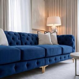 Sofaya Monaco Chesterfield 4 Seater Sofa Couch Velvet Cushions Chaise in Blue - Size: 4 Person - thumbnail 5