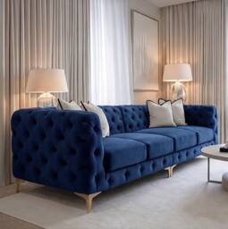 Sofaya Monaco Chesterfield 4 Seater Sofa Couch Velvet Cushions Chaise in Blue - Size: 4 Person - thumbnail 3