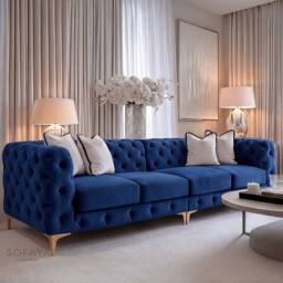 Sofaya Monaco Chesterfield 4 Seater Sofa Couch Velvet Cushions Chaise in Blue - Size: 4 Person - thumbnail 1