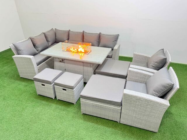 Fimous Outdoor Furniture Garden Dining Set Gas Fire Pit Table with Temper Glass Footstools Light Grey Mixed - image 1