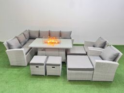 Fimous Outdoor Furniture Garden Dining Set Gas Fire Pit Table with Temper Glass Footstools Light Grey Mixed - thumbnail 2