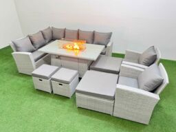 Fimous Outdoor Furniture Garden Dining Set Gas Fire Pit Table with Temper Glass Footstools Light Grey Mixed - thumbnail 1