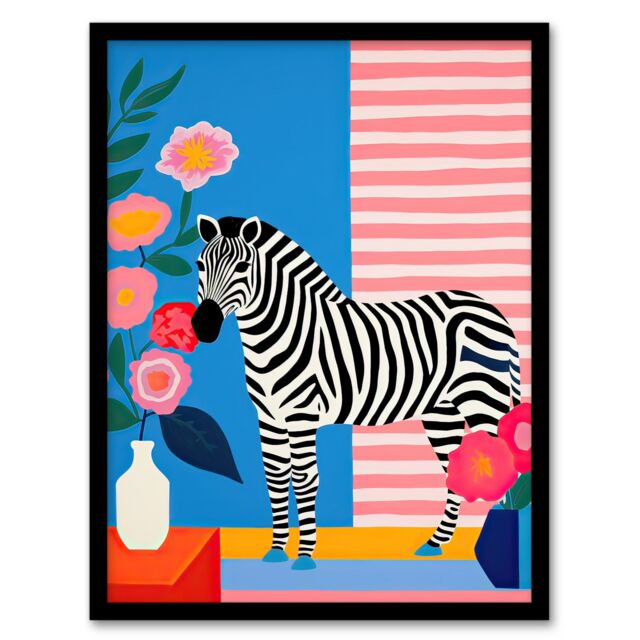 Artery8 Wall Art Print Stripe Harmony Vibrant Painting Whimsical Scene with a Zebra in a Striped Room Surrounded by Blooming Flowers Artwork Framed - image 1