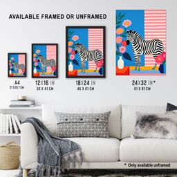 Artery8 Wall Art Print Stripe Harmony Vibrant Painting Whimsical Scene with a Zebra in a Striped Room Surrounded by Blooming Flowers Artwork Framed - thumbnail 3