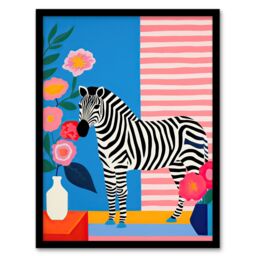 Artery8 Wall Art Print Stripe Harmony Vibrant Painting Whimsical Scene with a Zebra in a Striped Room Surrounded by Blooming Flowers Artwork Framed - thumbnail 1