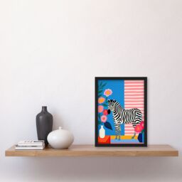 Artery8 Wall Art Print Stripe Harmony Vibrant Painting Whimsical Scene with a Zebra in a Striped Room Surrounded by Blooming Flowers Artwork Framed - thumbnail 4