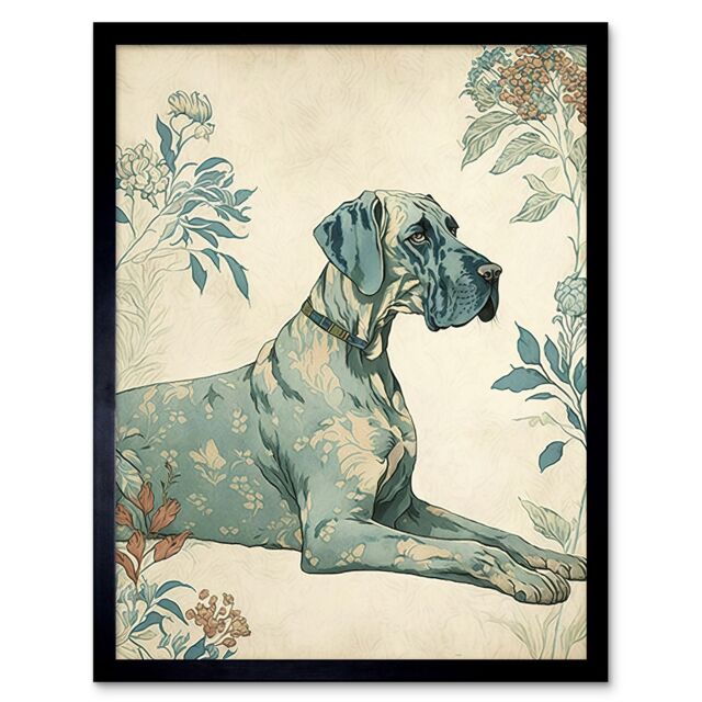 "Artery8 Wall Art Print Blue Great Dane Dog with Flower Pattern Fur Coat Modern Art Framed in Black - Size: W12"" x H16""" - image 1