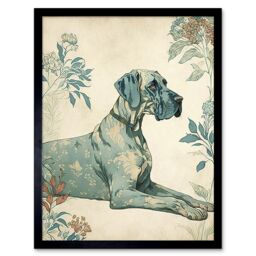 "Artery8 Wall Art Print Blue Great Dane Dog with Flower Pattern Fur Coat Modern Art Framed in Black - Size: W12"" x H16""" - thumbnail 1