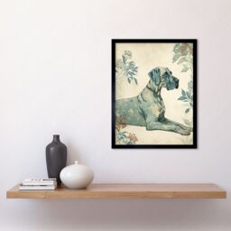 "Artery8 Wall Art Print Blue Great Dane Dog with Flower Pattern Fur Coat Modern Art Framed in Black - Size: W12"" x H16""" - thumbnail 2