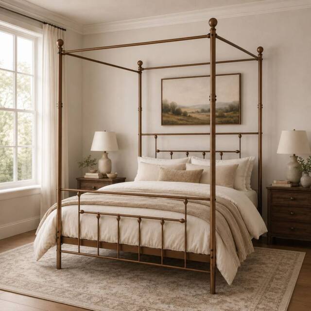 SquareBoxx Charlotte Double Four Poster Metal Bed Frame with Metal Slats in Gold - image 1