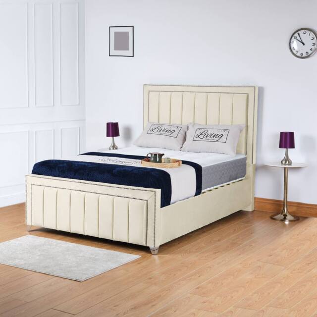 UK Bed Furniture Fiona Gas Lift Storage Upholstered Bed with 48 Inch Headboard in Cream - Size: Small Double - image 1