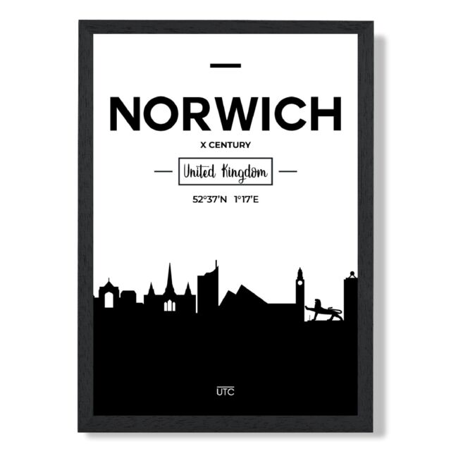 ARTZE Norwich Black & White City Skyline Framed Print SIZE: A3 with Black Frame - Size: A4 - image 1