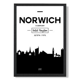 ARTZE Norwich Black & White City Skyline Framed Print SIZE: A3 with Black Frame - Size: A4 - thumbnail 1