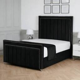 Living Comfort Bedz Royale Plush Velvet Upholstered Bed Slatted Base with 48Inch Headboard in Black - Size: Double - thumbnail 1