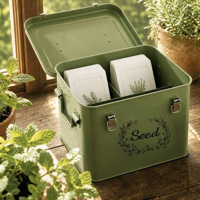 Toque Seed Storage Box Organiser, 3 Compartment Metal Seed Storage, Green - image 1
