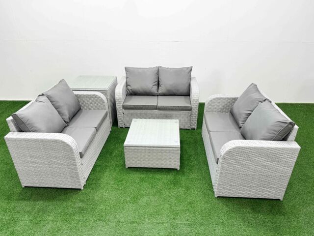 Fimous 6 Seater PE Wicker Rattan Furniture Sofa Sets with Square Coffee Table 2 Seater Love Sofa Side Table Light Grey - image 1