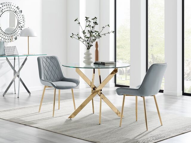 FurnitureboxUK Novara 100cm Round Gold Leg Dining Table & 2 Pesaro Gold Leg Chairs in Grey - image 1