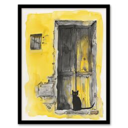 Artery8 Black Cat in Doorway Rustic Yellow Watercolour Framed Wall Art - Size: A4 - thumbnail 1