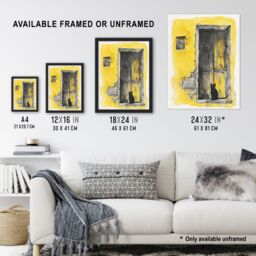 Artery8 Black Cat in Doorway Rustic Yellow Watercolour Framed Wall Art - Size: A4 - thumbnail 3