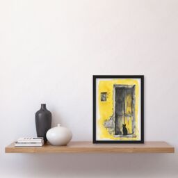 Artery8 Black Cat in Doorway Rustic Yellow Watercolour Framed Wall Art - Size: A4 - thumbnail 4