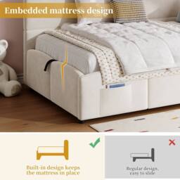 ModernLuxe Velvet single sofa bed with hydraulic storage, L-shaped headboard in Beige - thumbnail 7