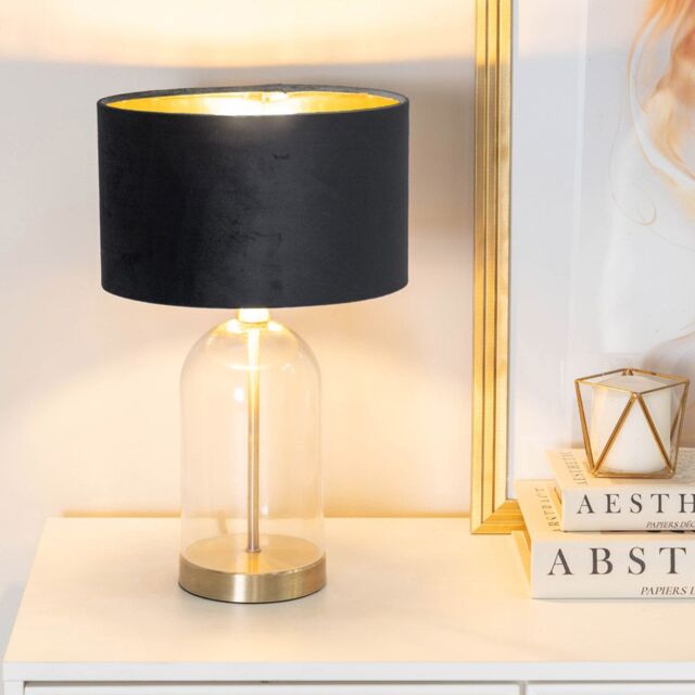 ValueLights Jessy Glass with Gold Trim Table Lamp with Velvet Drum with Gold Shade & Bulb in Black - image 1