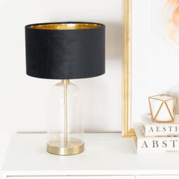 ValueLights Jessy Glass with Gold Trim Table Lamp with Velvet Drum with Gold Shade & Bulb in Black - thumbnail 3