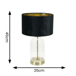 ValueLights Jessy Glass with Gold Trim Table Lamp with Velvet Drum with Gold Shade & Bulb in Black - thumbnail 4