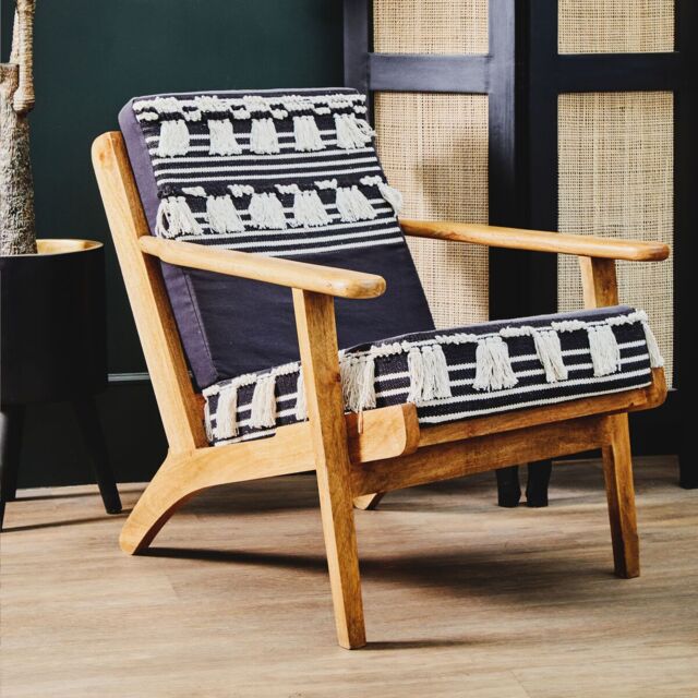Orsina Textured Lounge Chair, Shaggy Black & White Fabric Accent Chair, Mango Wood Frame Boho Armchair in Brown - image 1