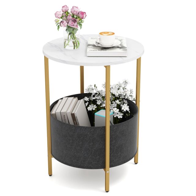 Costway Round End Table Small Space 2-Tier Side Table w/ Fabric Basket-White in White - image 1