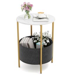 Costway Round End Table Small Space 2-Tier Side Table w/ Fabric Basket-White in White - thumbnail 1