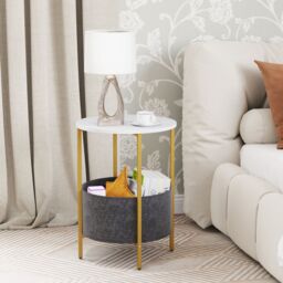 Costway Round End Table Small Space 2-Tier Side Table w/ Fabric Basket-White in White - thumbnail 4
