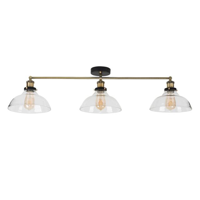 ValueLights Wallace Industrial 3 Way Shallow Glass Shades Antique Brass Ceiling Bar Light in Gold - image 1