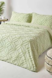 Homescapes Diamond Cotton Tufted Duvet Cover Set in Green - Size: Single - thumbnail 3