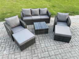 Fimous 7 Seater High Back Rattan Garden Furniture Set with Square Coffee Table 2 Big Footstool Indoor Outdoor Patio Lounge Sofa Set Dark Grey Mixed - thumbnail 2