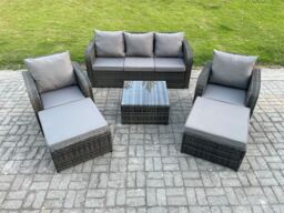 Fimous 7 Seater High Back Rattan Garden Furniture Set with Square Coffee Table 2 Big Footstool Indoor Outdoor Patio Lounge Sofa Set Dark Grey Mixed - thumbnail 1